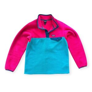 Patagonia Girls Fleece Snap Pullover Jacket Pink/Teal Size XL